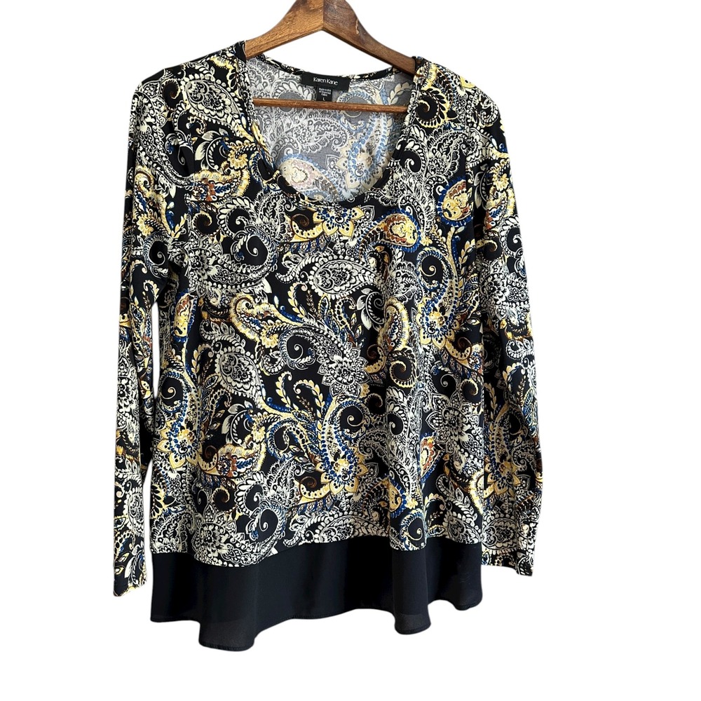 Karen Kane Women's Black Paisley Print Long Sleeve Tunic Top Size L